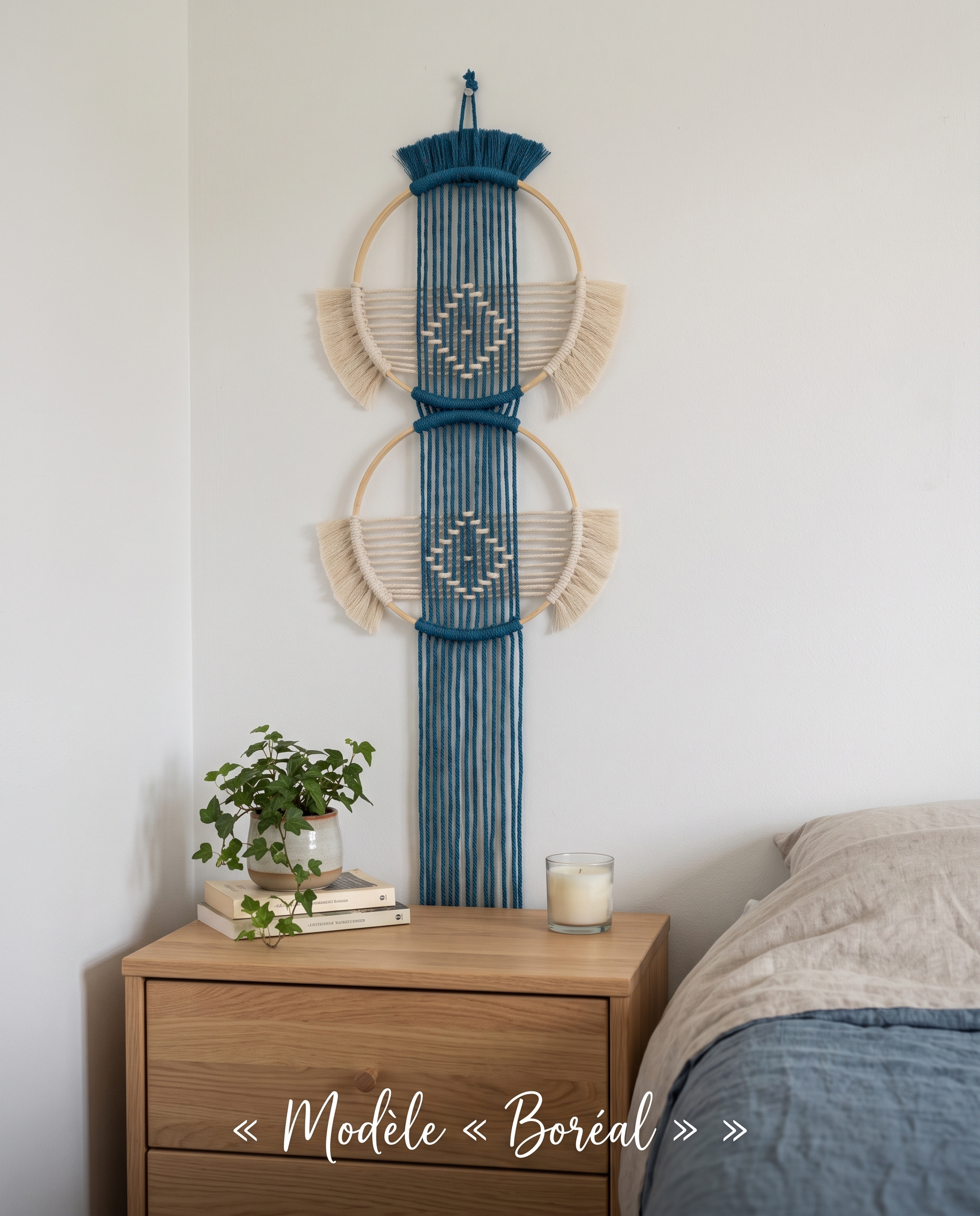 Tissage mural double sur cercle en macramé Boréal coloris naturel et bleu 7,5 pouces - Sandrine Bizon Québec