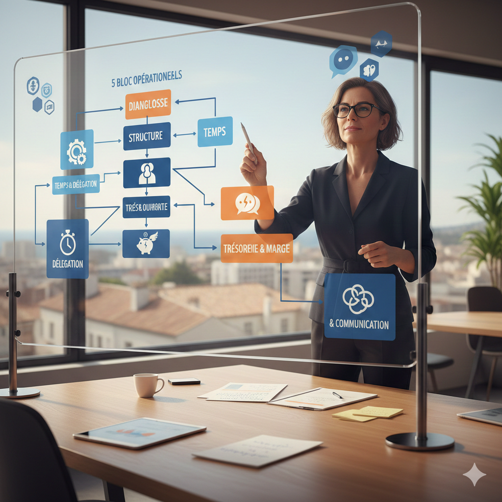 Femme dirigeante pointant un organigramme digital de diagnostic d'entreprise avec 5 blocs opérationnels, illustrant la résolution de problèmes de structure, temps, délégation et trésorerie pour TPE/PME.
