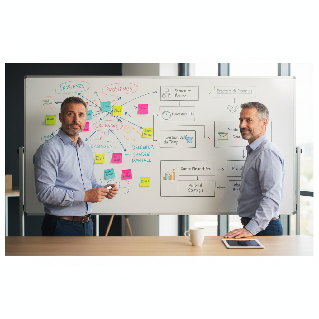 Deux dirigeants de PME devant un tableau blanc illustrant des problèmes complexes (urgences, charge mentale) se transformant en un plan d'action structuré pour la délégation, la gestion du temps et la stratégie d'entreprise.