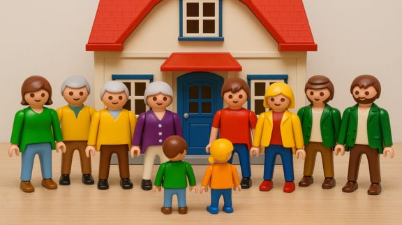 Positionnement d'une famille (en figurine playmobil) dans une constellation familiale à distance où les enfants sont face aux adultes pour résoudre le secret familial. Positionnement d'une famille (en figurine playmobil) dans une constellation familiale à distance où les enfants sont face aux adultes pour résoudre le secret familial.