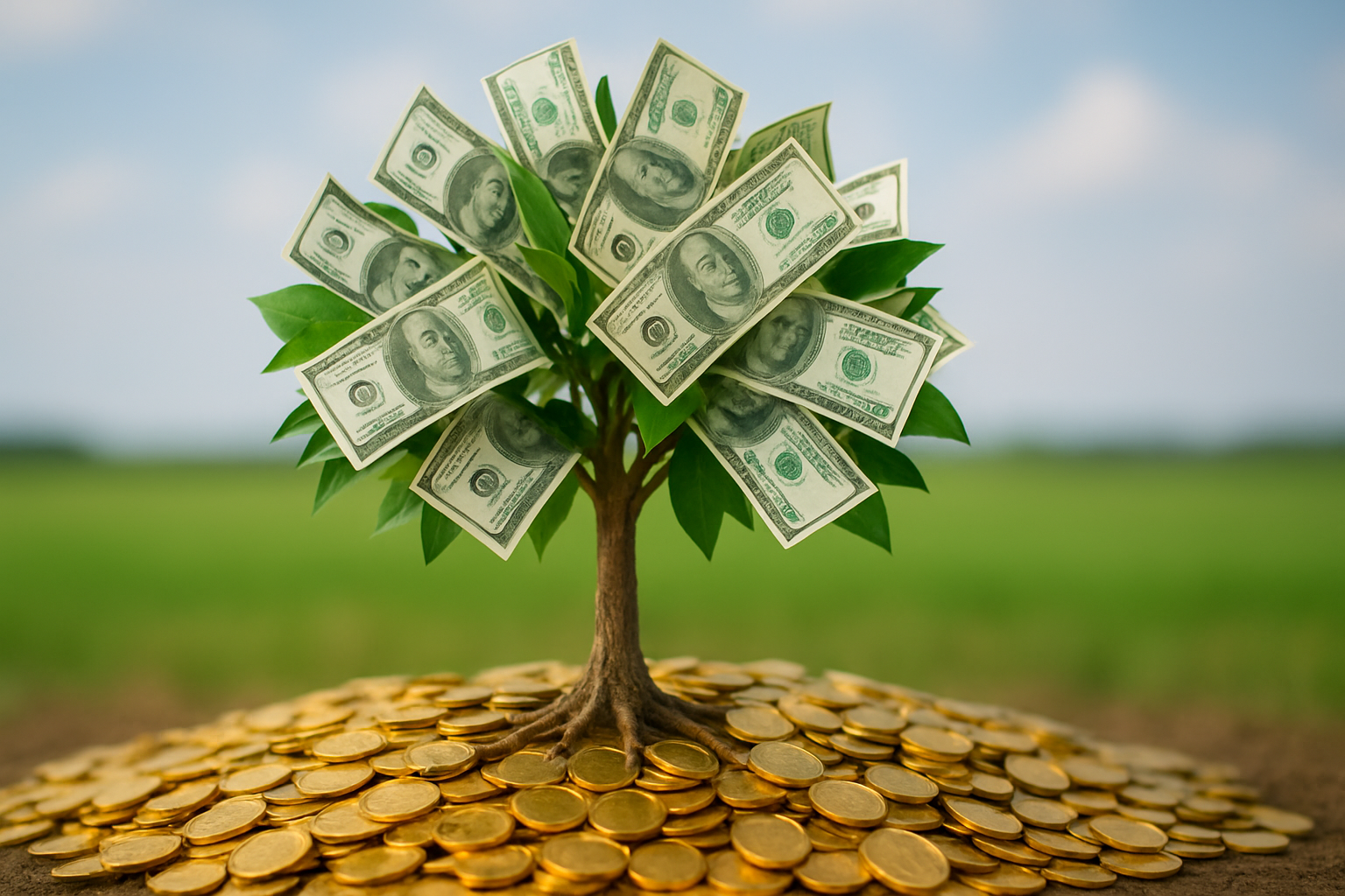 Abondance financière représenté par un arbre qui cré des billets à la place des feuilles et prend ses racines dans des pièces d'or