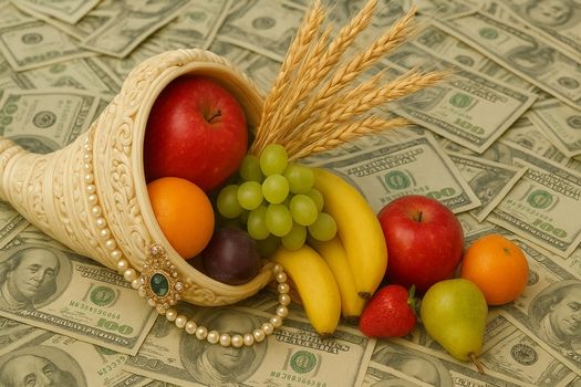 corne d'abondance entouré d'argent avec du blé et des fruits 