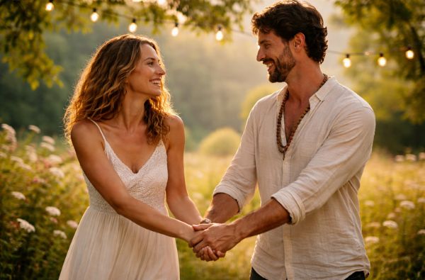 Couple heureux avec un regard complice dans la nature