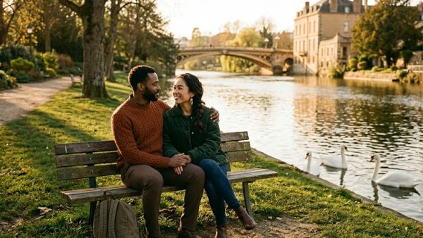 Couple modèle qui se regarde tendrement assis sur un banc au bord de la rivière