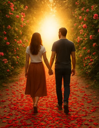 Couple en amour spirituel qui marche sur un chemin de rose et se dirige vers la lumière et l'élévation de conscience