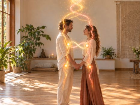 Couple sacré connecté par le cœur et éveillant l’énergie de la Kundalini