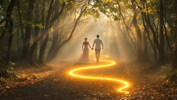 flamme jumelle ou âme soeur qui marche dans un bois et suit un chemin de lumière grâce à la kundalini pour activer leur couple sacré