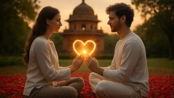 Amour spirituel entre deux personnes qui entre en connexion de coeur devant un temple