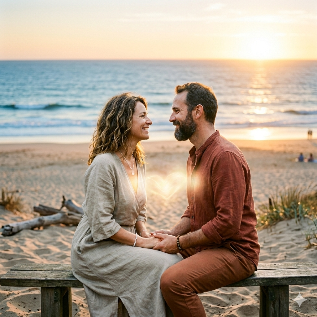 Retrouvaille d'un couple sacré qui ressent la connexion de coeur sur une plage près de l'océan