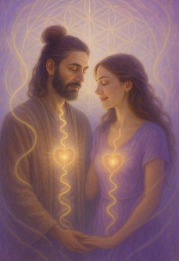 Couple sacré connecté au niveau du chakra du coeur qui laisse monter les énergies subtils et ressente de la tendresse l'un pour l'autre