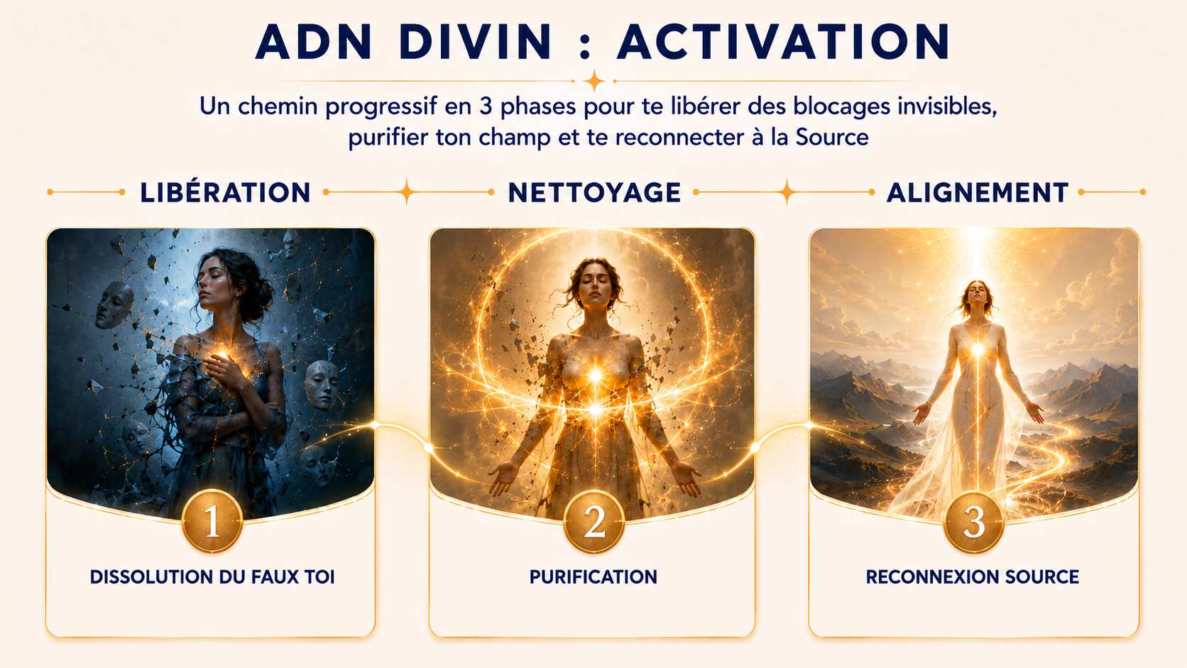 Les trois phases du parcours ADN Divin : libération, nettoyage et alignement