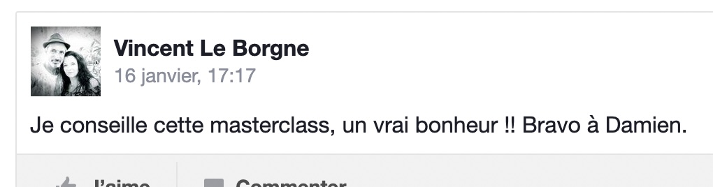 Je conseille cette masterclass, un vrai bonheur !! Bravo à Damien.