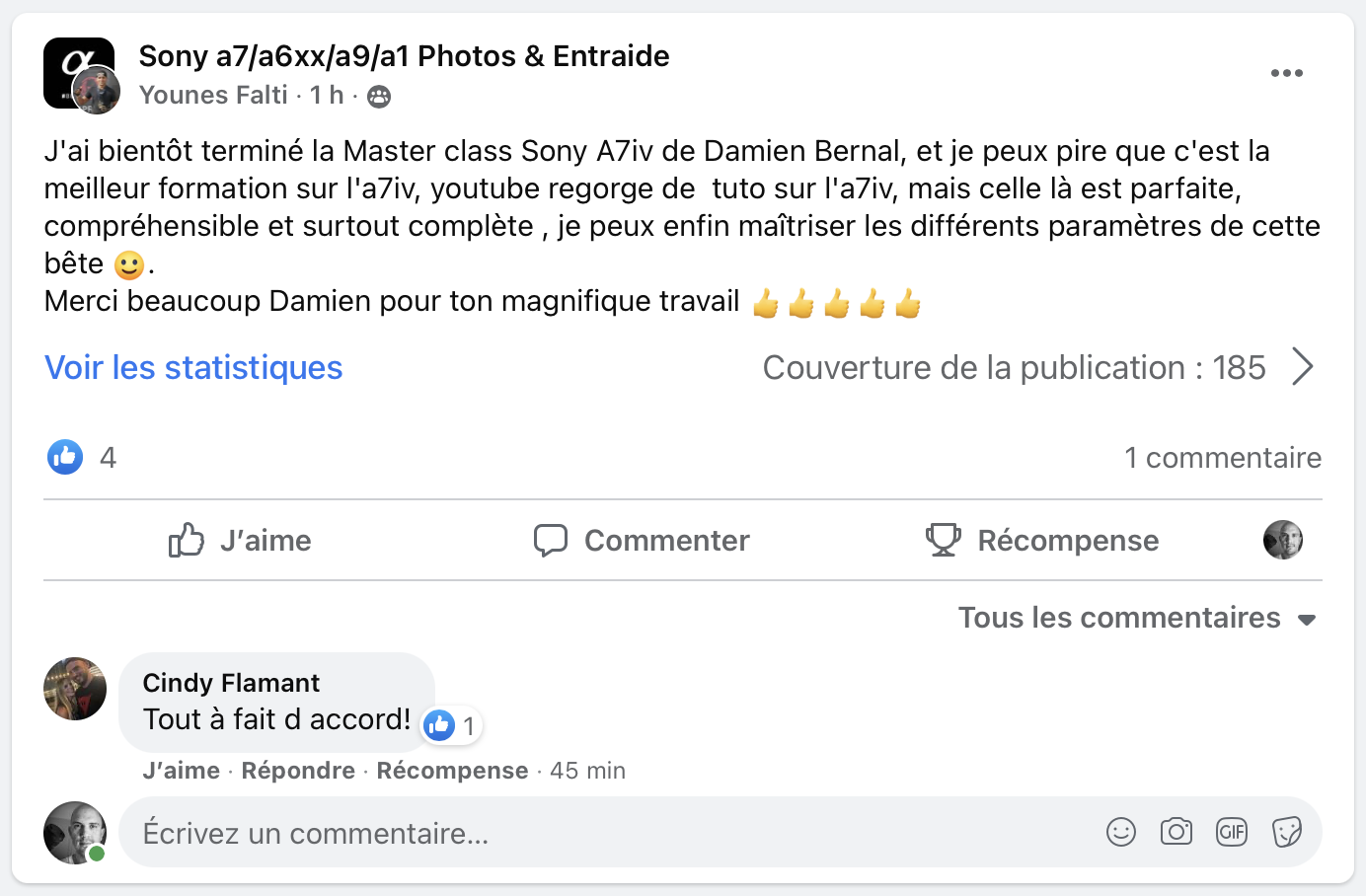 J'ai bientôt terminé la Master class Sony A7iv de Damien Bernal, et je peux pire que c'est la meilleur formation sur l'aZiv, youtube regorge de tuto sur l'aziv, mais celle là est parfaite, compréhensible et surtout complète, je peux enfin maîtriser les différents paramètres de cette bête Merci beaucoup Damien pour ton magnifique travail