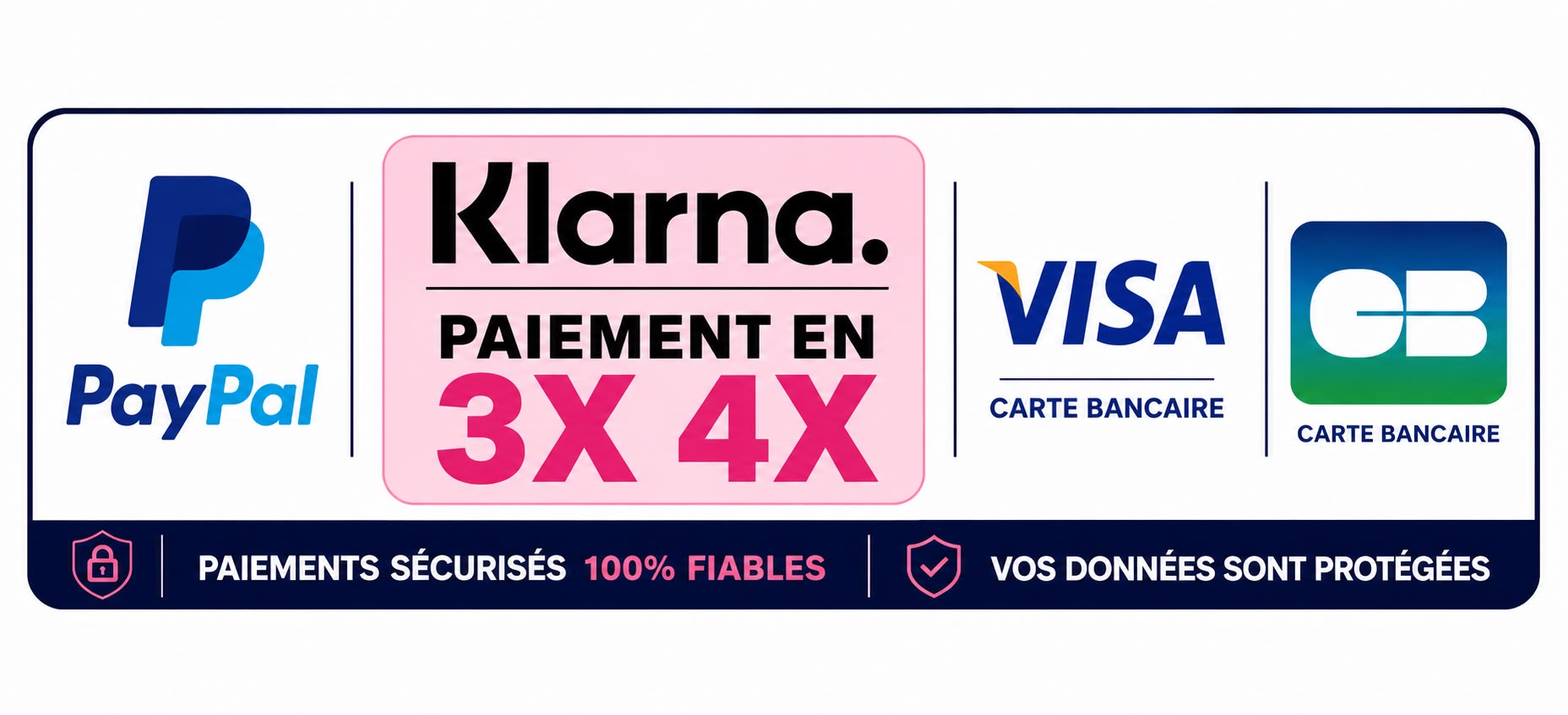 Moyens de paiement sécurisés — PayPal, Klarna 3x 4x, Visa, Carte Bancaire