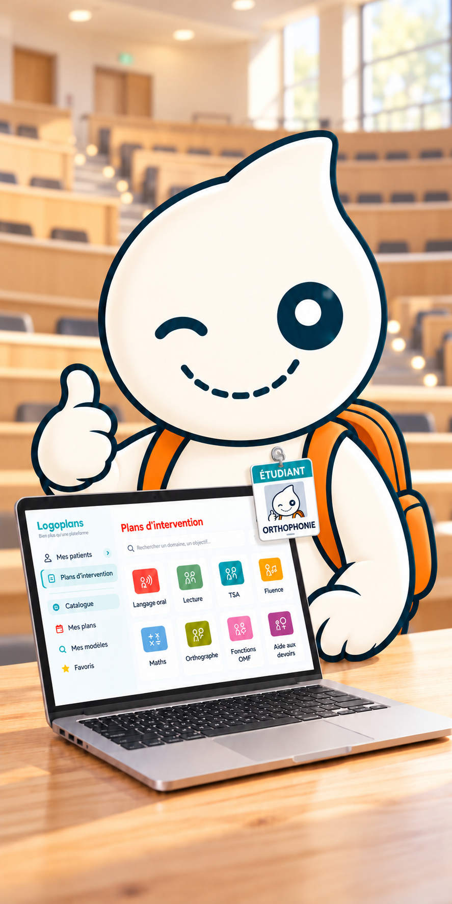 Pouce étudiant avec son badge orthophonie, en amphithéâtre