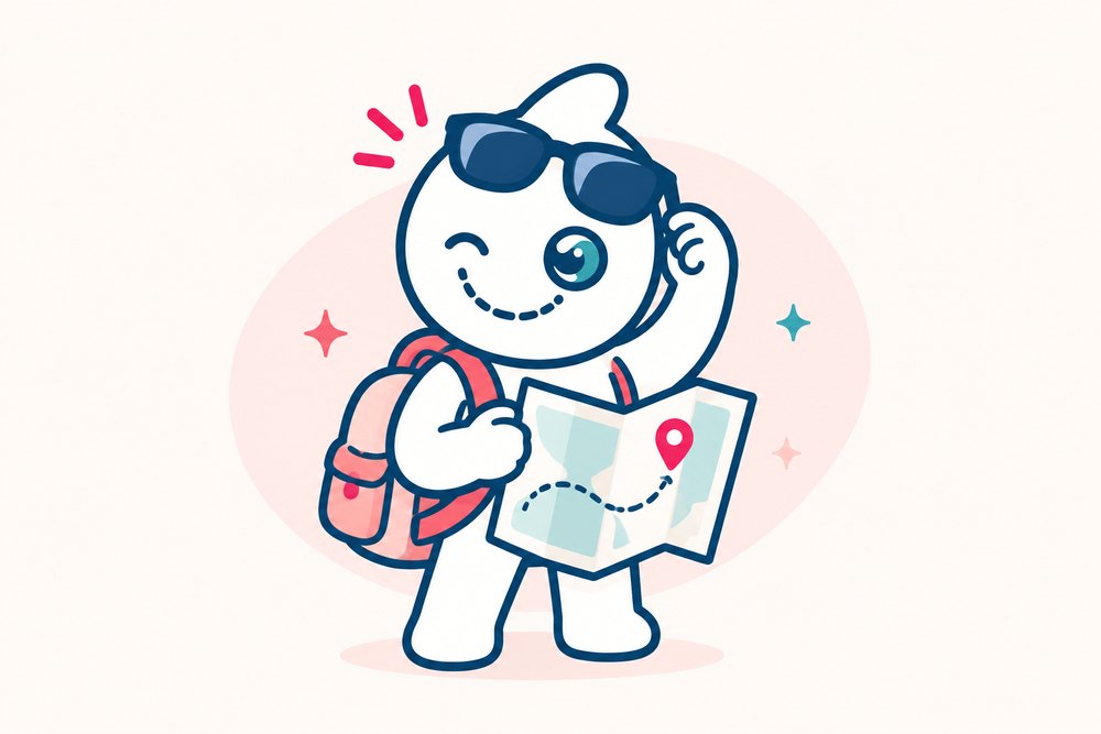 Pouce explorateur avec son sac à dos et sa carte