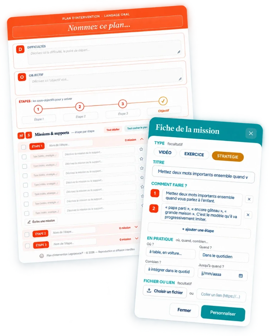 Un plan vierge LogoPlans et la fiche détaillée d'une mission personnalisable