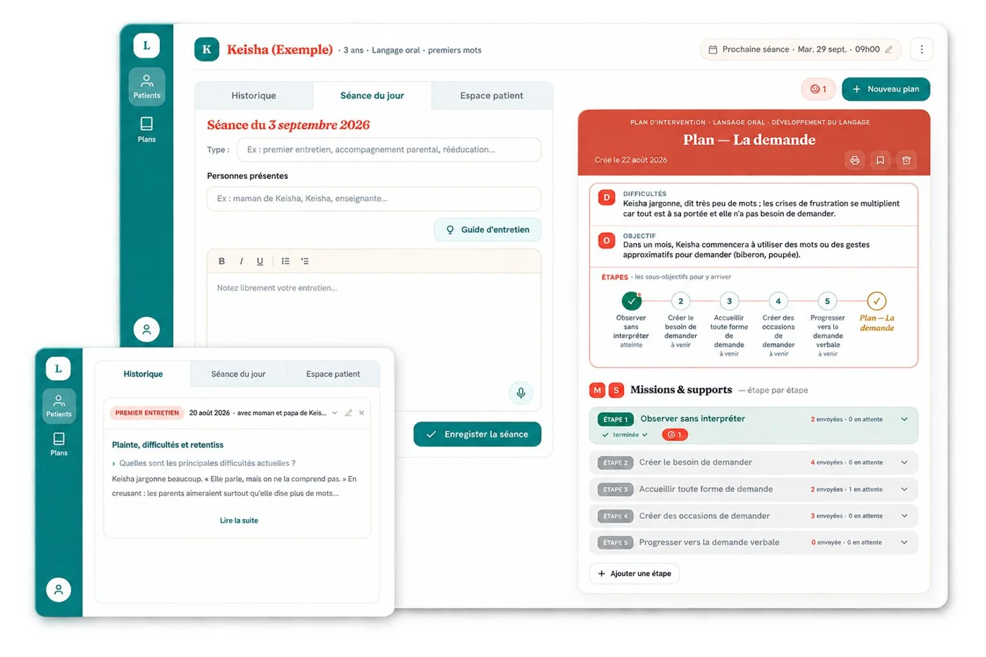 Dossier patient LogoPlans : historique, séance du jour et plan d’intervention