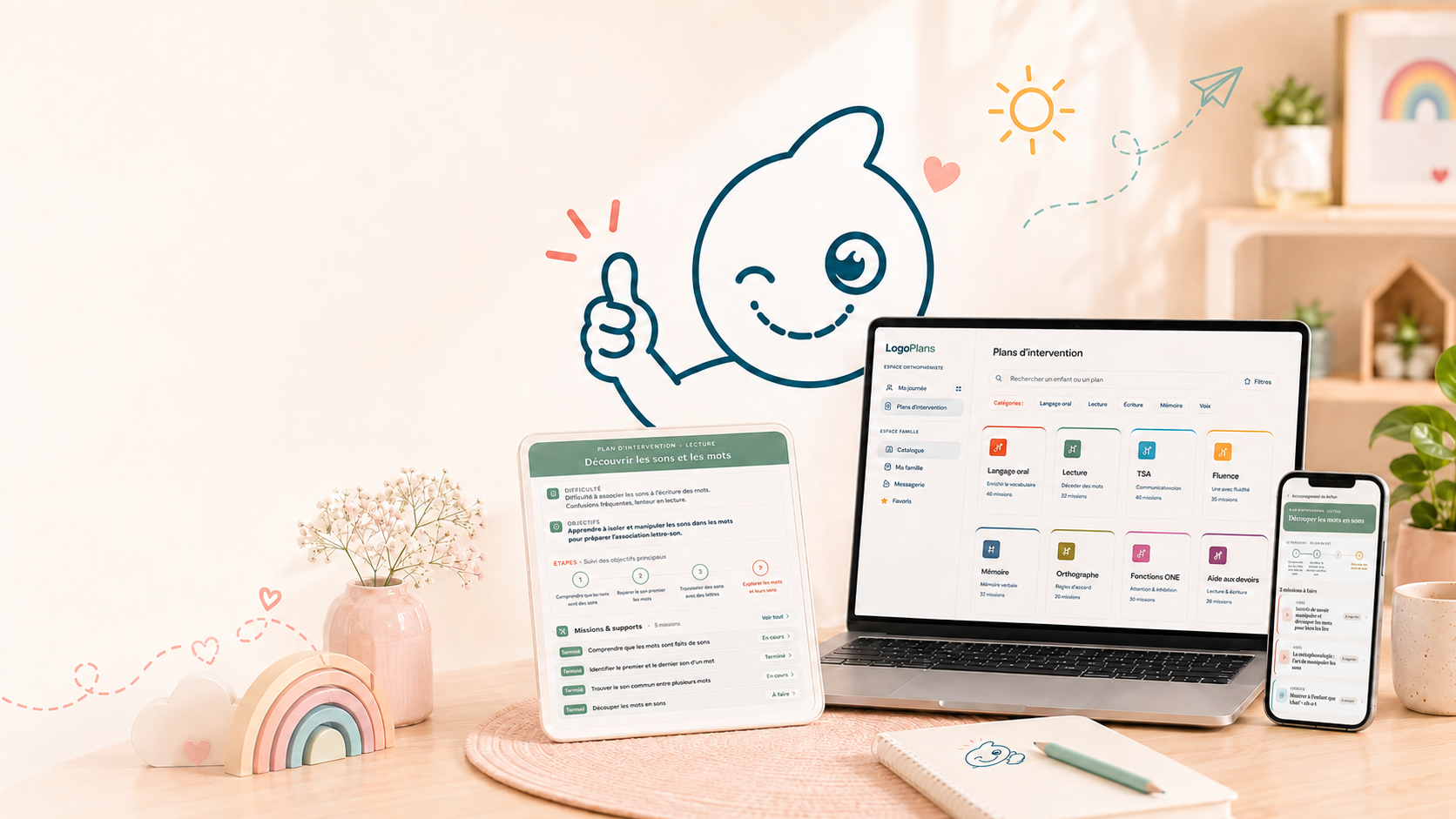 Pouce et LogoPlans sur ordinateur, tablette et téléphone
