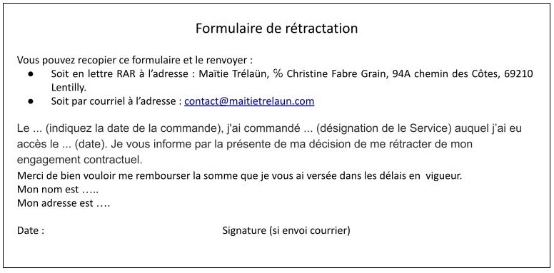 Formulaire de rétractation