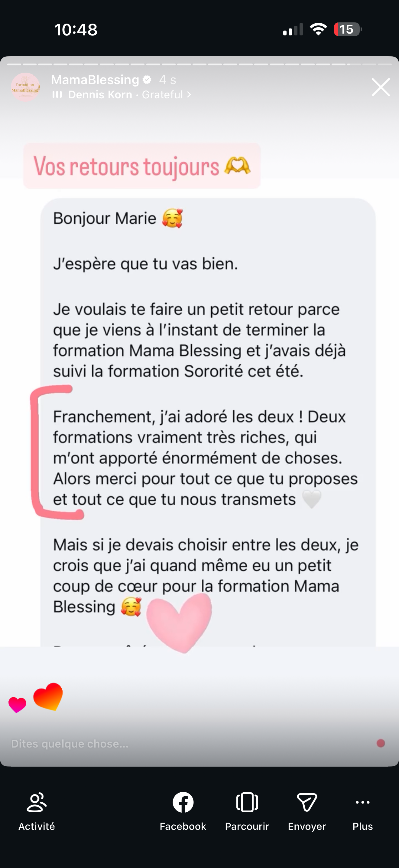 Message d'une participante après la formation
