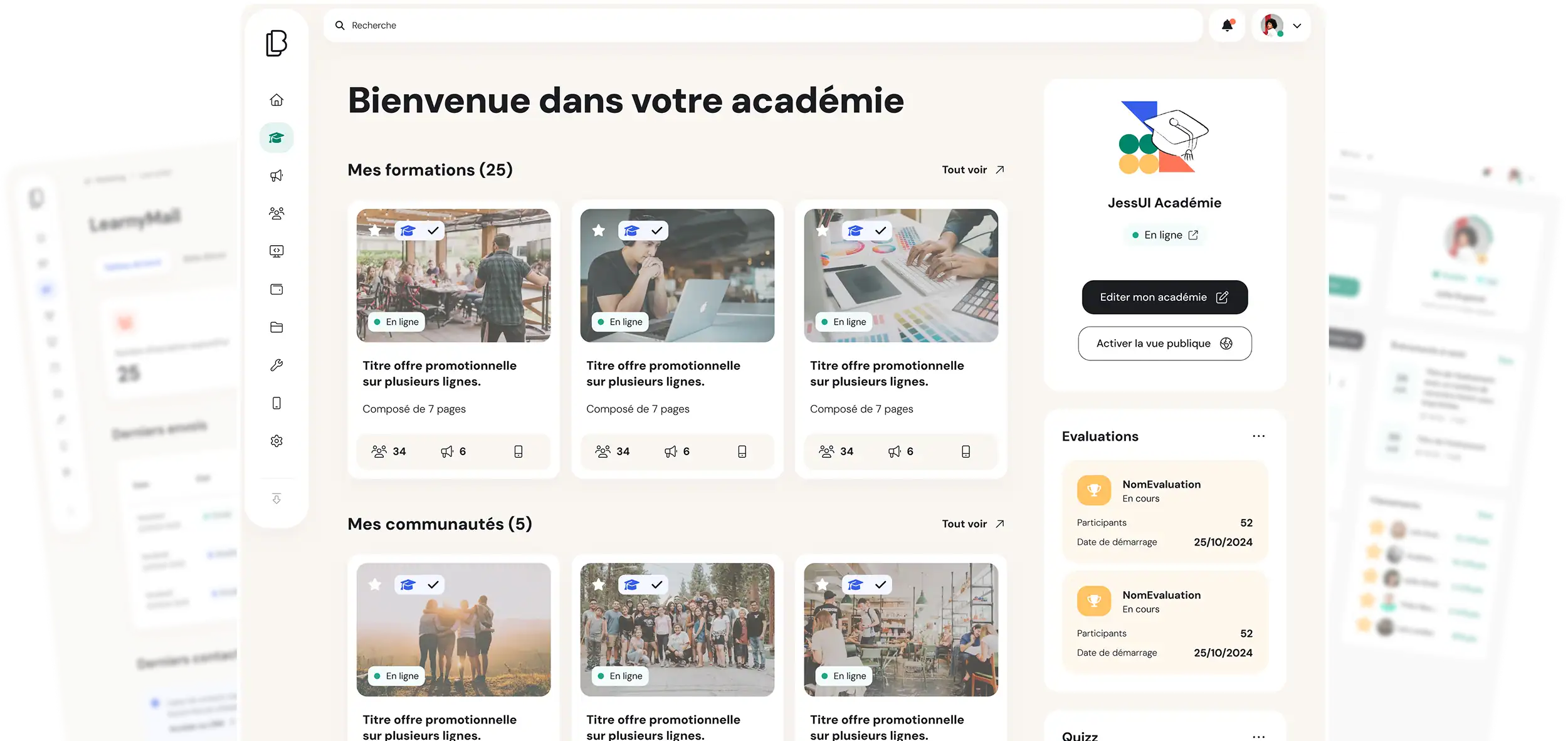 Interface de bienvenue dans une académie de formation