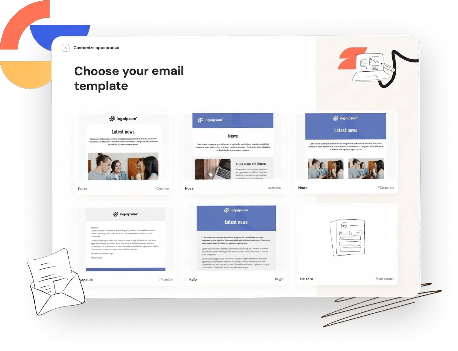 email template selection screen