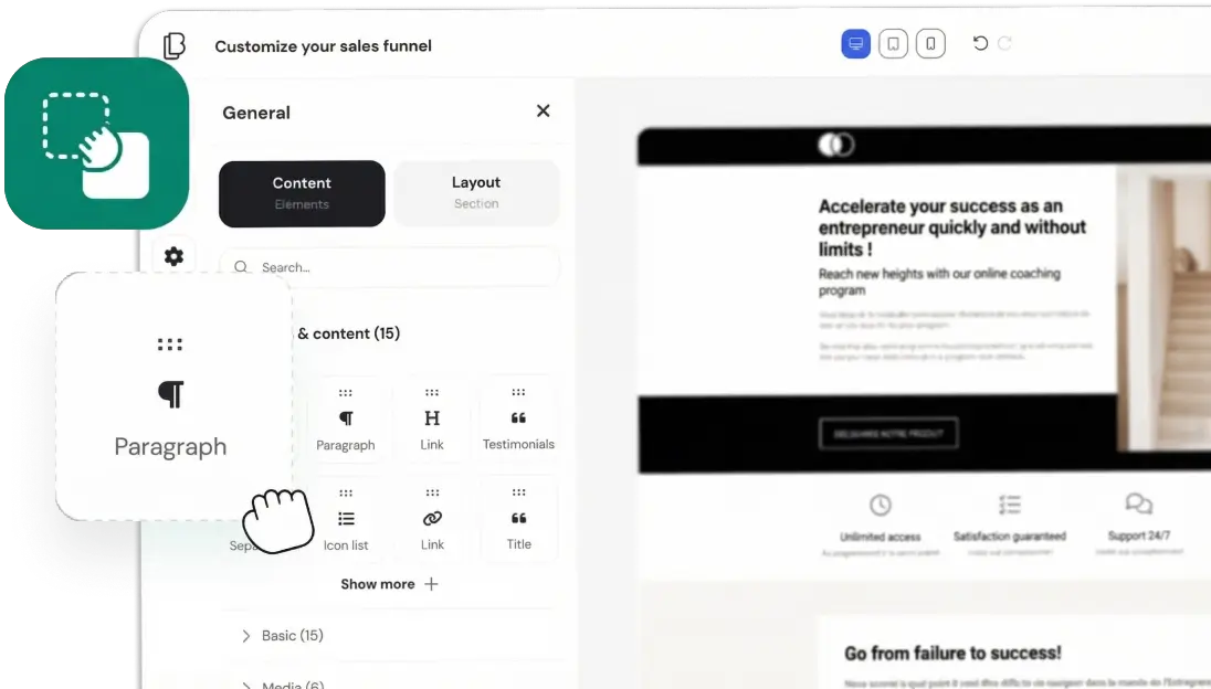 sales funnel page editor preview