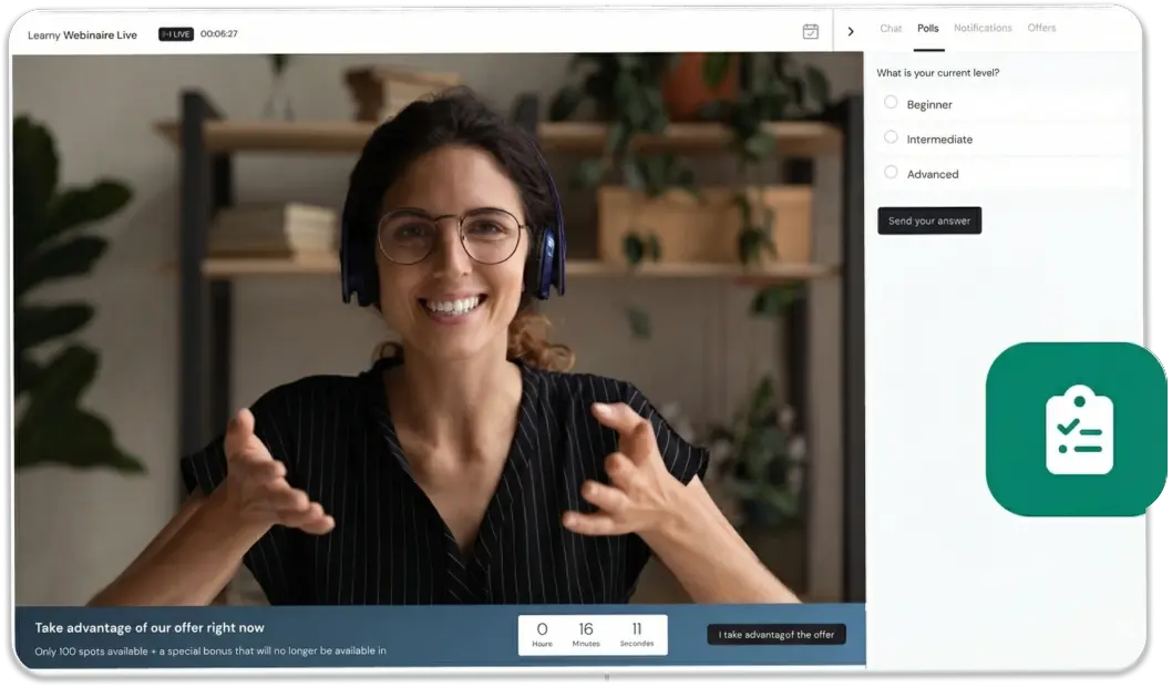 Learnybox webinar interface with published offer and active poll