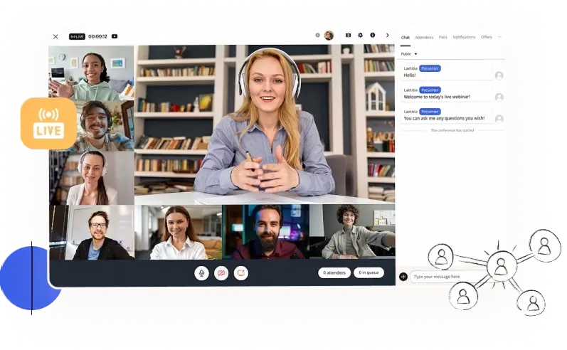 Learnybox webinar interface with a multi-presenter layout and viewer chat