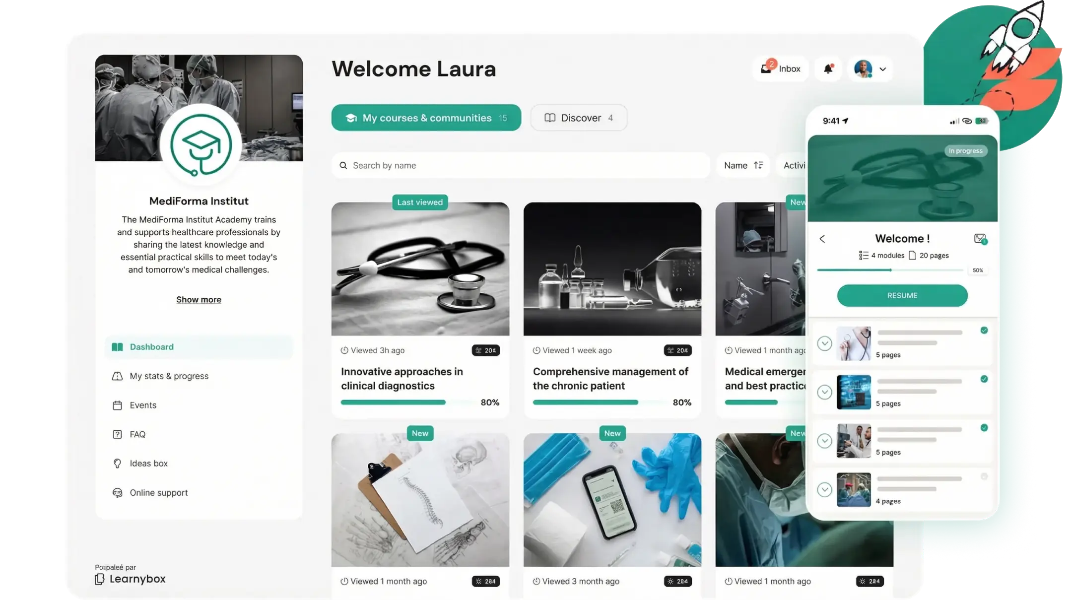 Academy member dashboard showing courses and progress