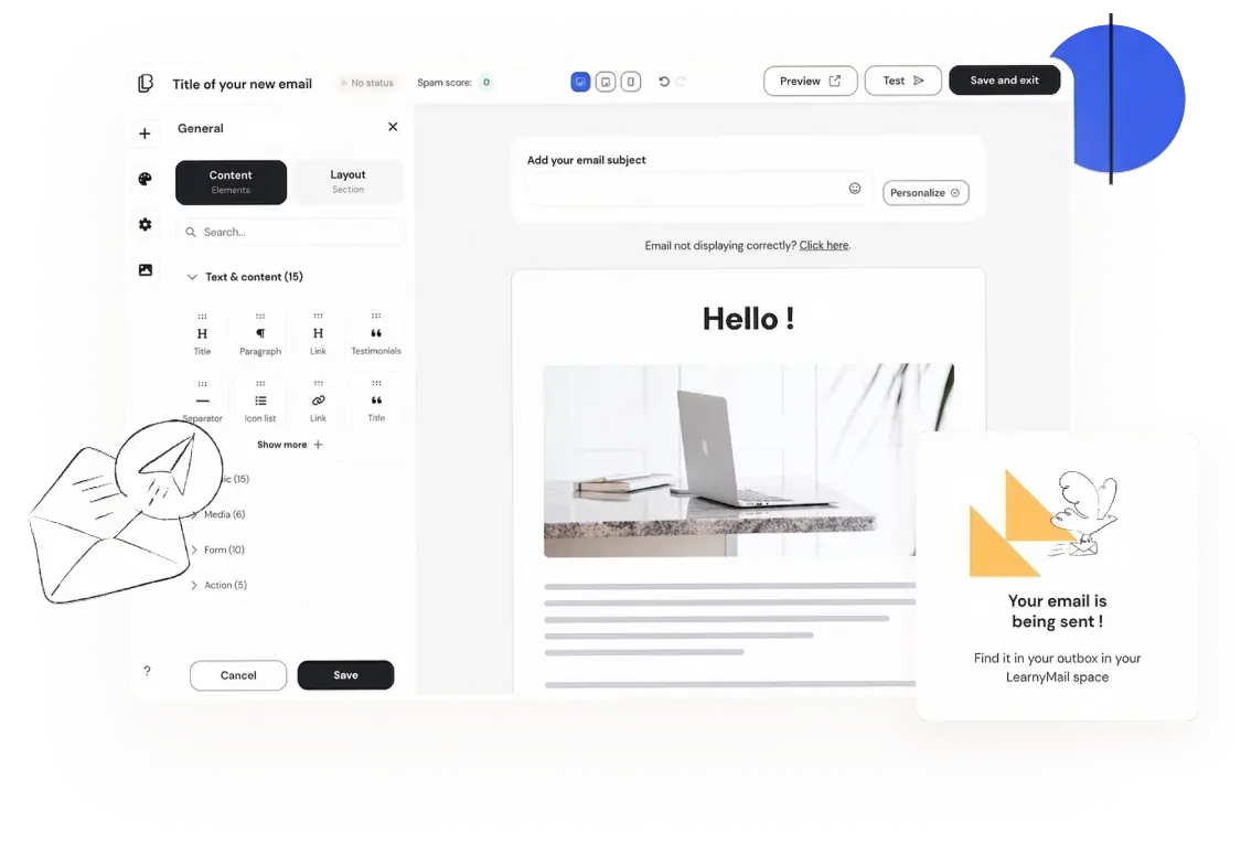 LearnyMail drag-and-drop email editor showing elements panel