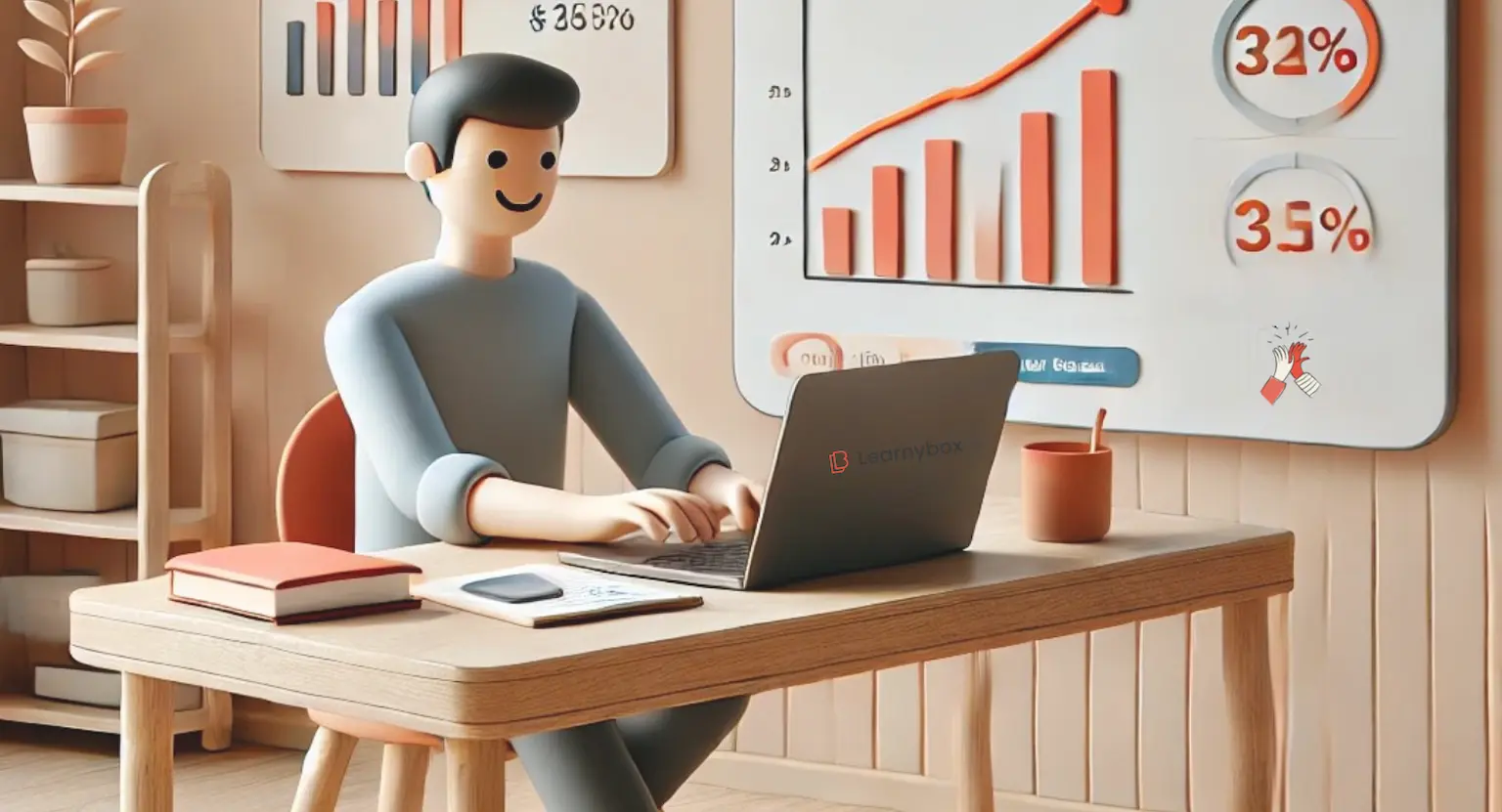 Cette image illustre une personne heureuse devant son ordinateur, visualisant la croissance de ses ventes de formations sur un tableau de bord de Learnybox.