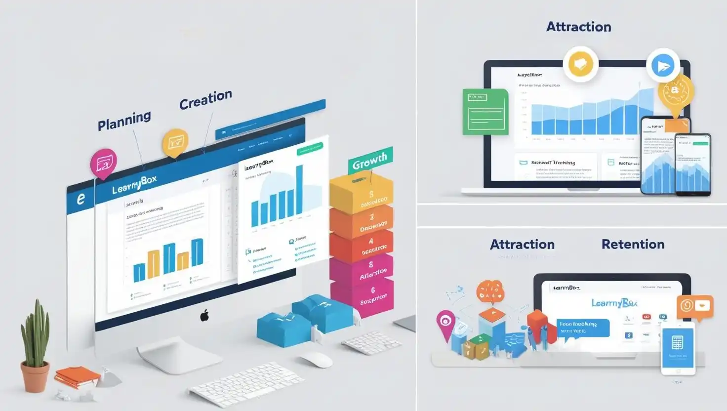 image qui représente visuellement les étapes du processus de création de formation et les fonctionnalités de LearnyBox