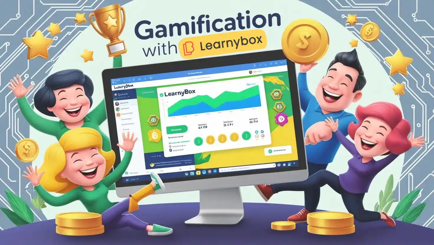 Cette illustration montre comment LearnyBox transforme l'apprentissage en une expérience ludique et engageante. Au centre, l'interface LearnyBox affiche des éléments de gamification tels que des badges, une barre de progression et des classements. Autour, des éléments flottants représentent les points, trophées et niveaux, symbolisant la motivation et la progression des apprenants.