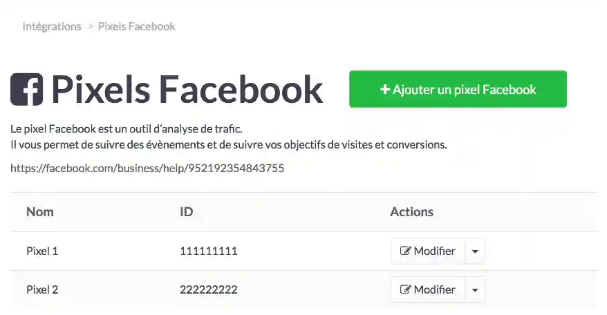 Liste des Pixels Facebook enregistrés