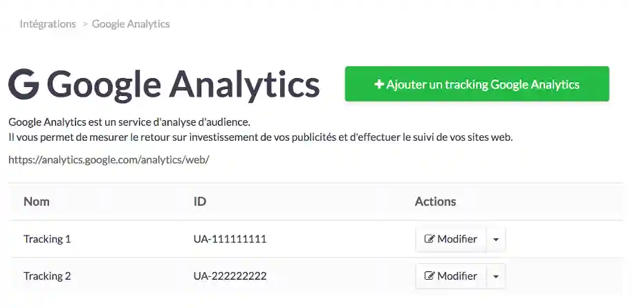 Liste des trackers Google Analytics enregistrés