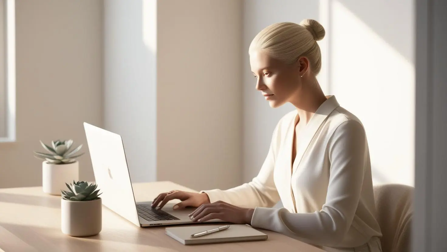 Une image d'un espace de travail propre et bien organisé, symbolisant la clarté d'esprit et la concentration. Une femme blonde sereine assise à son bureau. Une image d'un espace de travail propre et bien organisé, symbolisant la clarté d'esprit et la concentration. Une femme blonde sereine assise à son bureau.