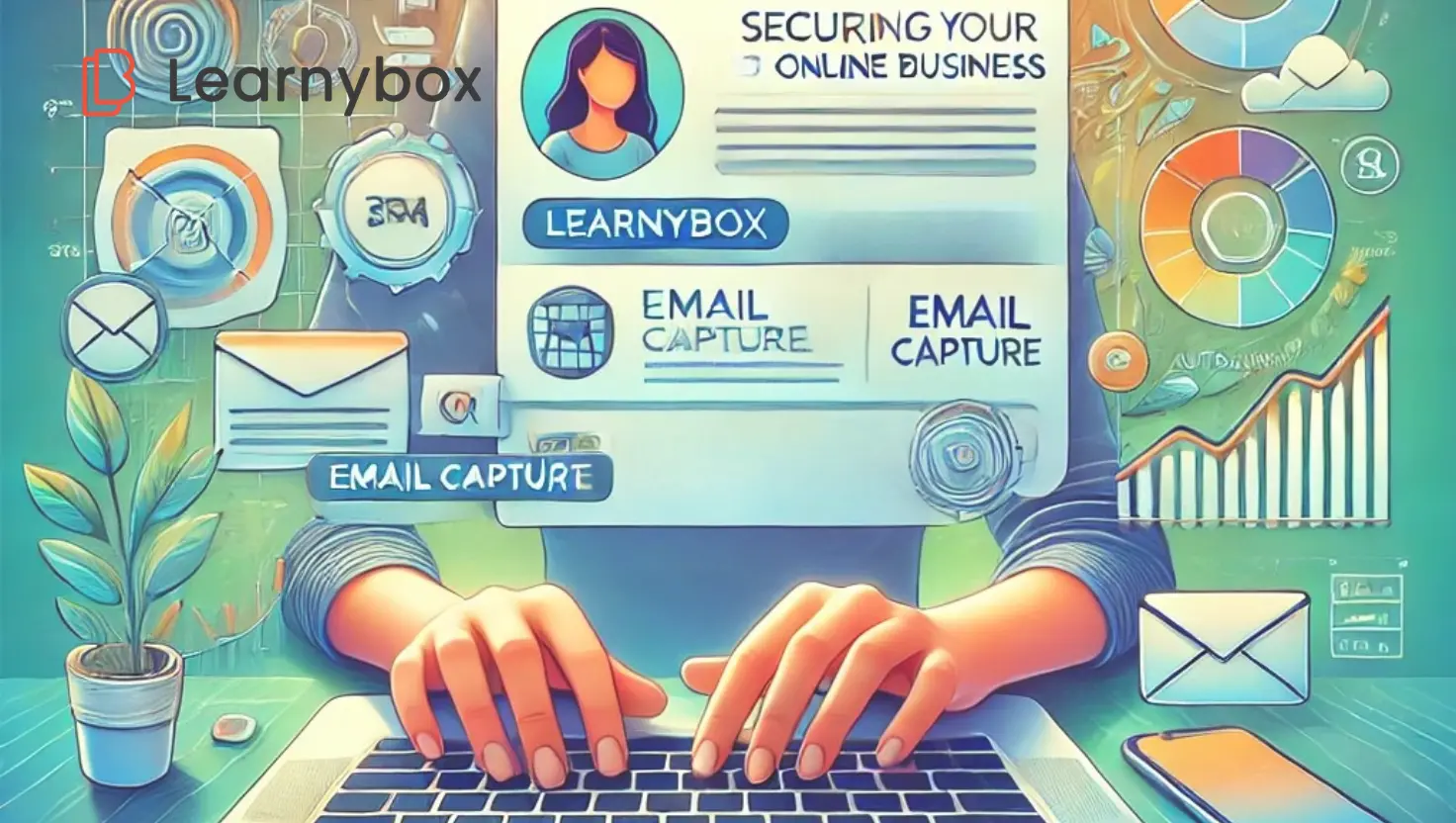 Elle illustre la sécurisation d'un business en ligne avec LearnyBox en mettant en avant des éléments comme les pages d'atterrissage, la capture d'e-mails, l'automatisation et les tableaux d'analyse.