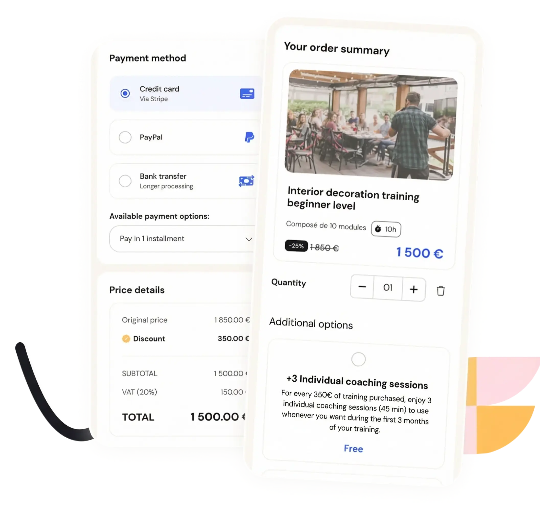 Online checkout page with payment methods and order summary