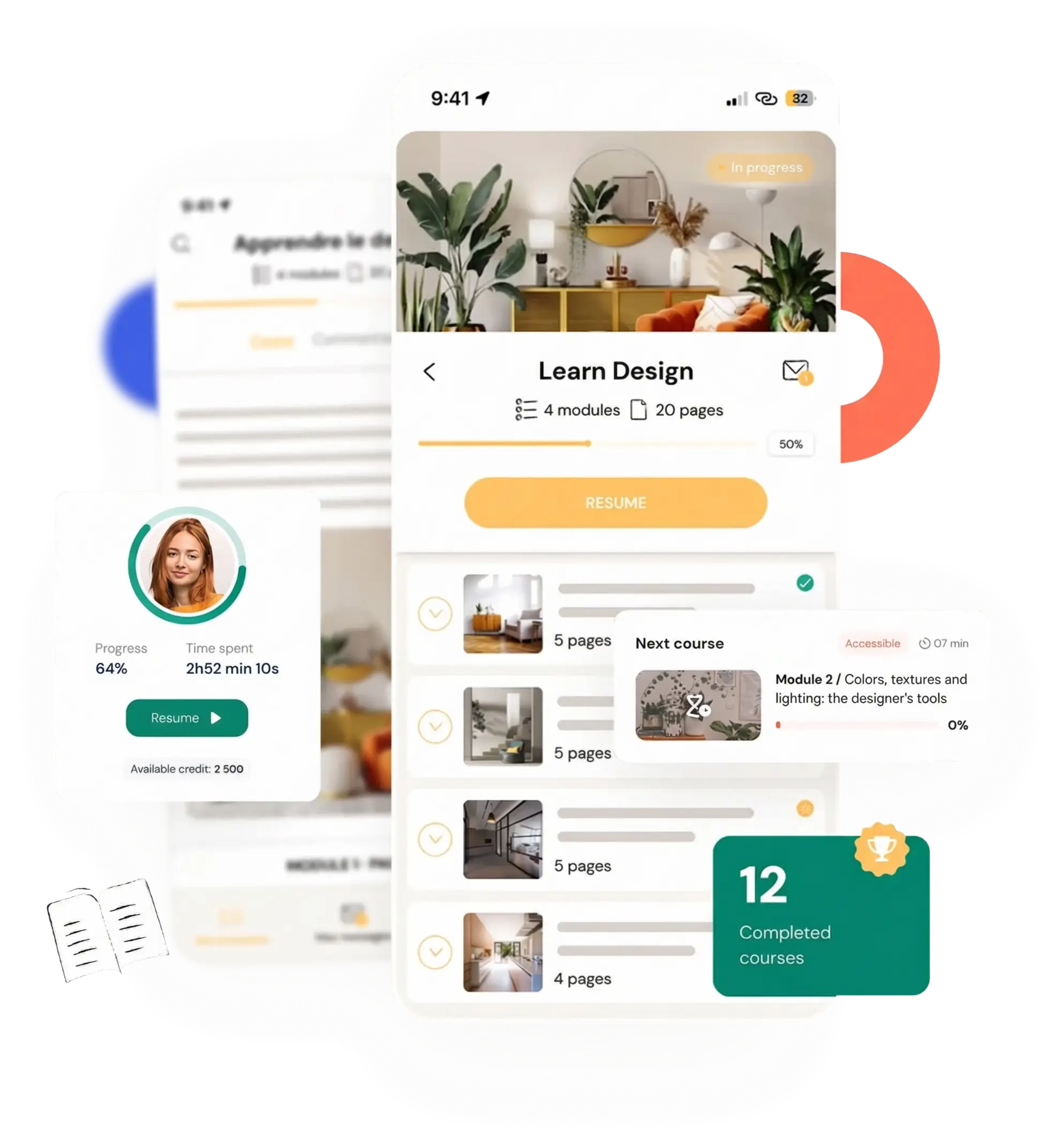Mobile course dashboard with progress tracking and modules