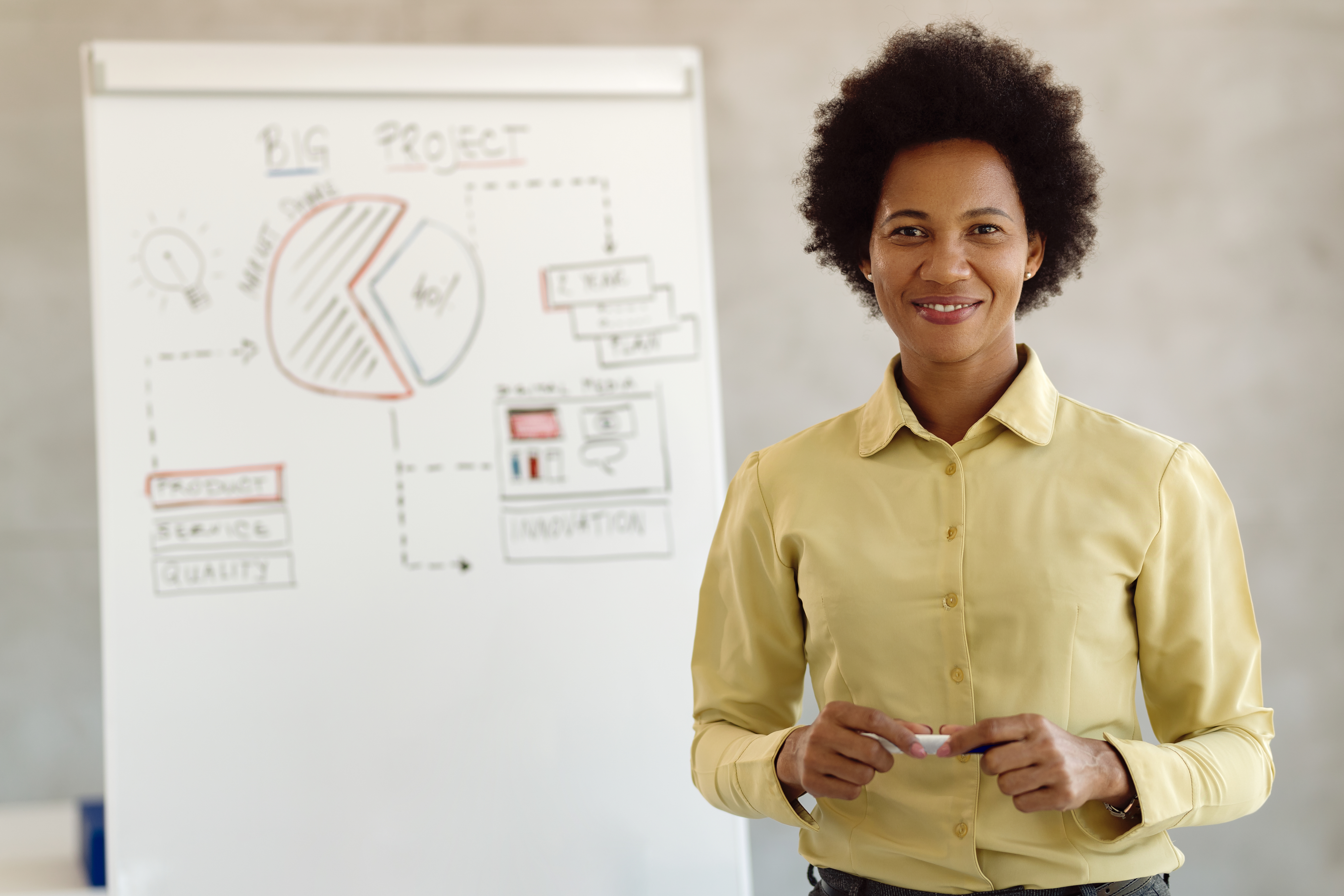 happy-black-businesswoman-front-whiteboard-business-presentation