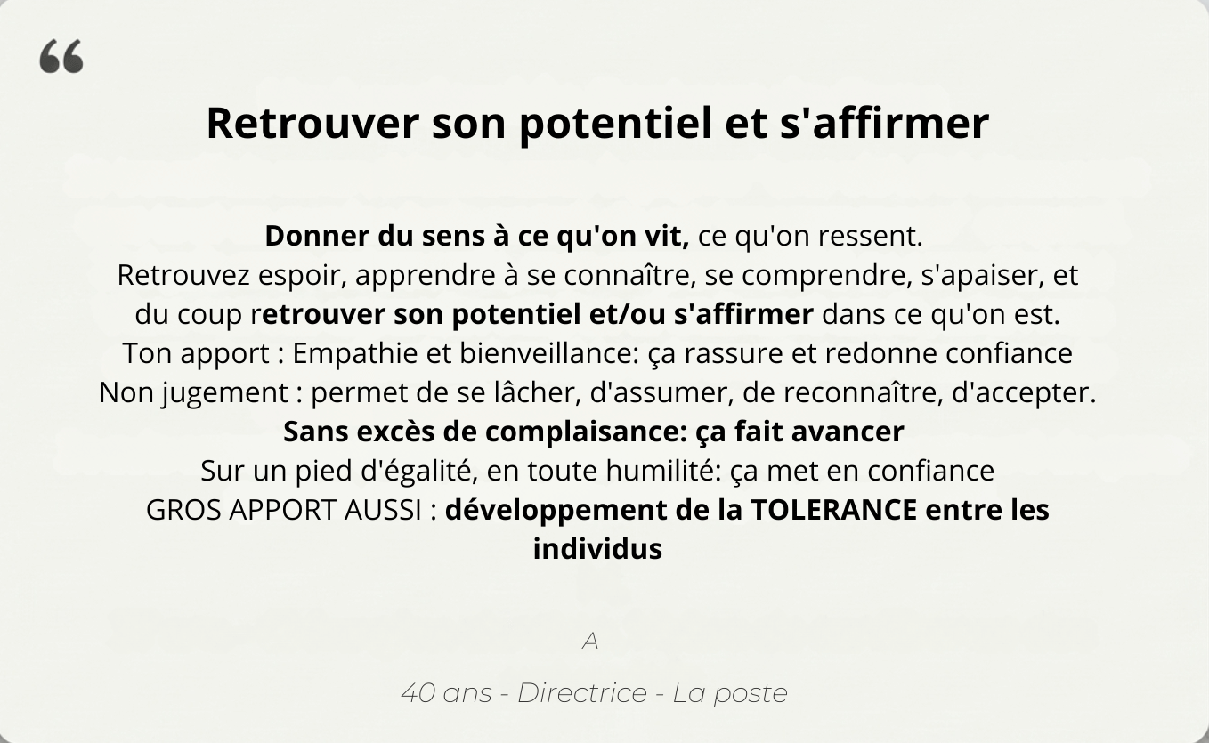 Avis de A., directrice à La Poste, sur la reconnexion à son potentiel et le sens retrouvé avec Sandra. méthode VIVRE