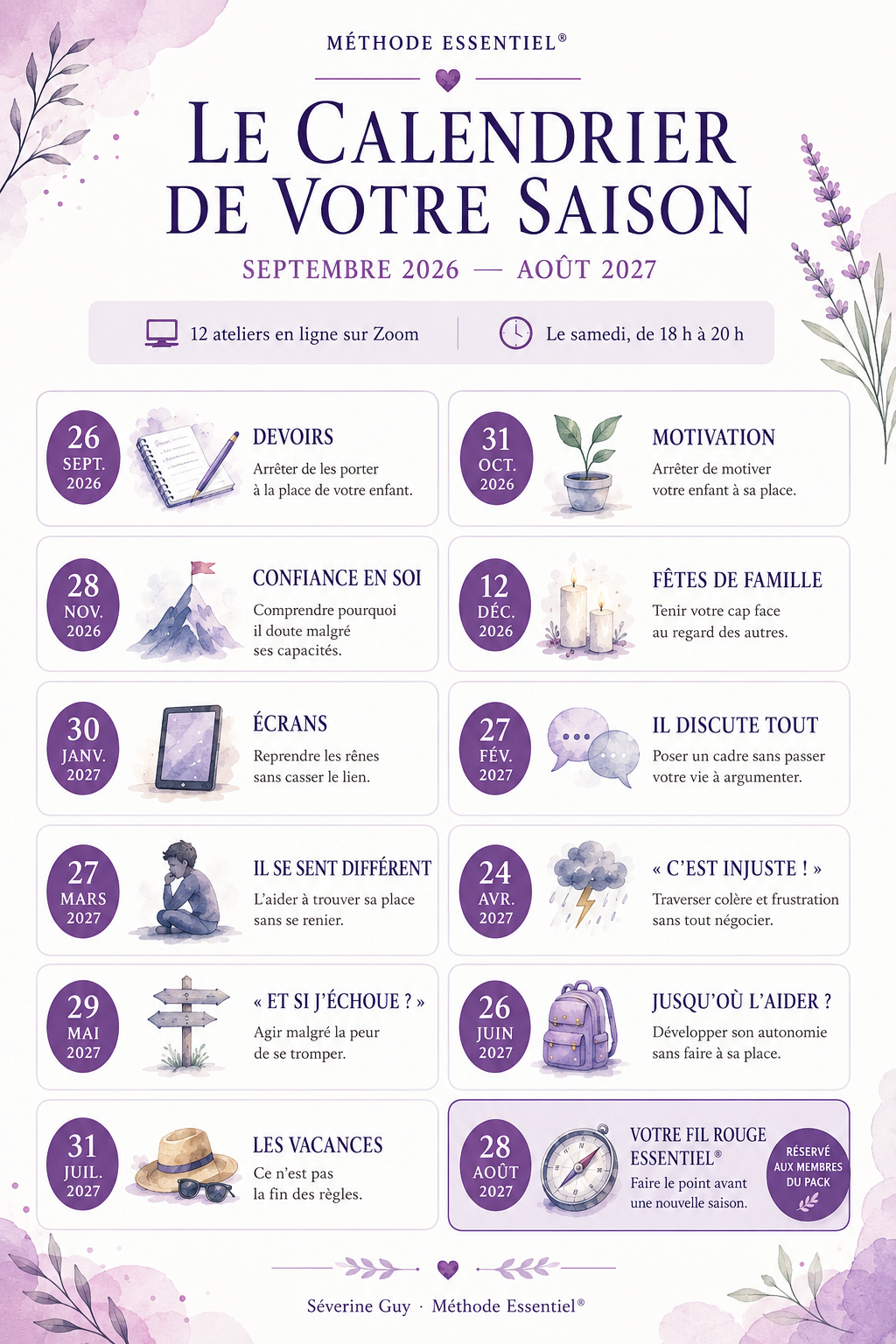 Calendrier des Ateliers Essentiel® pour parents d’enfants HPI : 12 rendez-vous de septembre 2026 à août 2027.